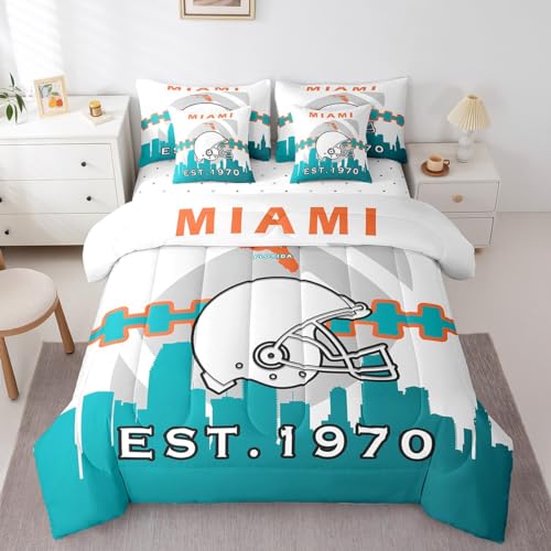 Erosebridal 7 Pcs Comforter Set Queen Size,Boys Football Bed in a Bag with Flat Sheet and Fitted Sheet for Kids and Adults,Football Bedding Set with Pillowcases and Cushion Cases(Miami)