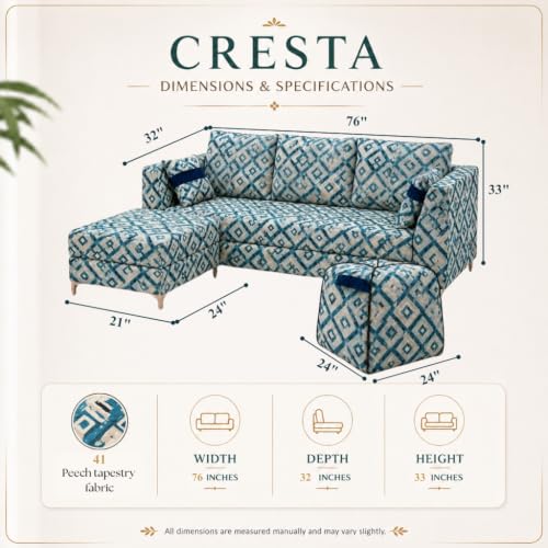 Image of FURNY Signature Cresta 5-Seater L-Shape Sofa Set with Movable Ottoman & Suri Pouf | Flexible LHS /RHS Layout | Tapestry Fabric | 40D Foam + Zigzag Spring | 3-Yr Warranty (Lagoon Mosaic Blue)