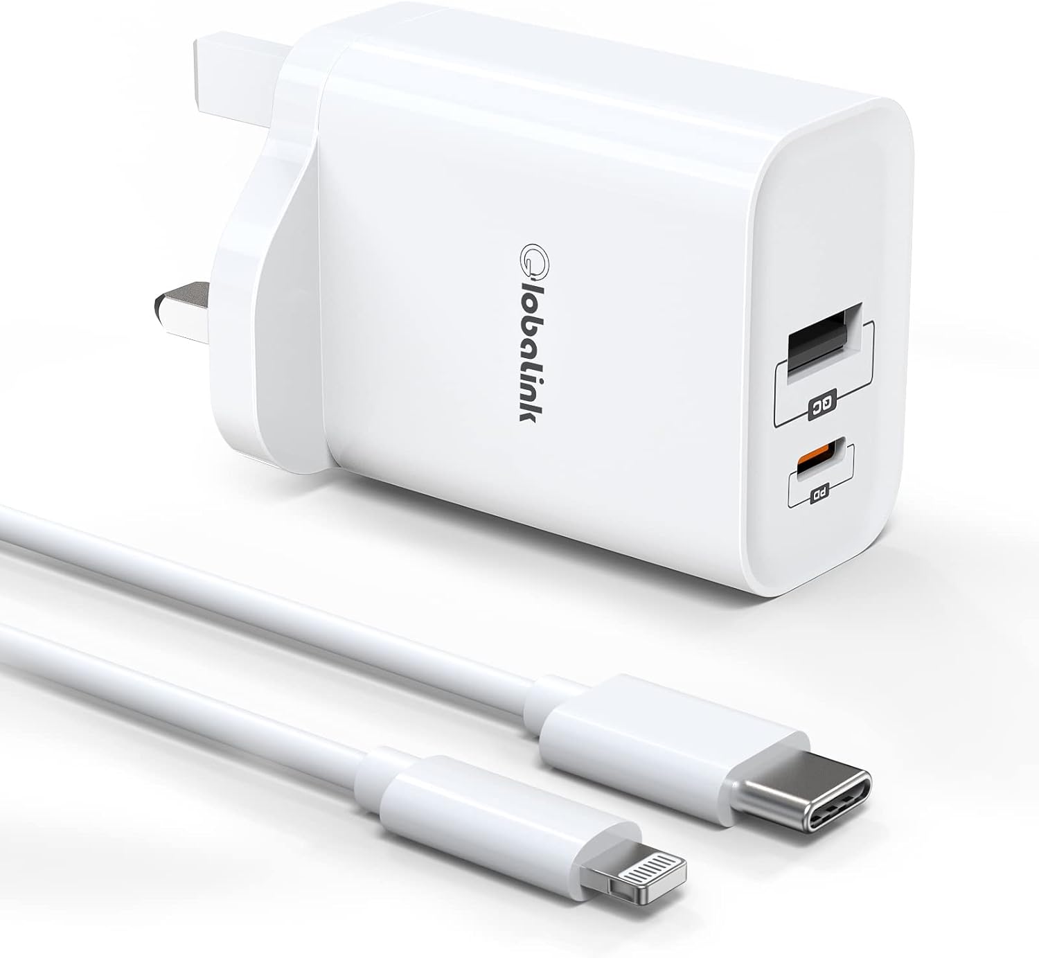 GlobaLink iPhone Fast Charger Cable and Plug,32W 2-Port USB C Fast Charger Plug with 2M USB C Lightning Cable,PD 20W USB C & 12W USB A Port for iPhone 13 12 11 Pro XR X 8 Plus 7 6s iPad Pro