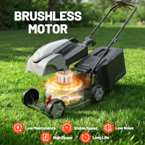 Image of Litheli 14 Inch Battery Lawn Mower with 8.0Ah Long Runtime Battery, Brushless Motor, 5 Cutting Heights 1 to 2.5 Inch, 9 Gal Grass Catcher, Removable Handle, Ideal for Mid Size Lawns