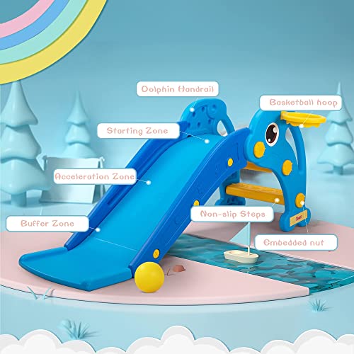 Tobbi Kids Slide For Indoor And Outdoor, Freestanding Slide For Toddler Playground Slipping Slide Climber Toy Playset With Basketball Hoop & Ball, Sky Blue #TOP3