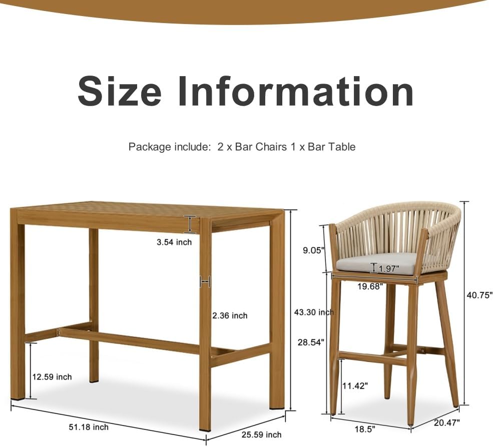 PURPLE LEAF 3 Pieces Outdoor Bar Height Stools Set Patio Aluminium Modern Wicker Bar Chairs and High Top Bar Table for Balcony Garden Indoor Kitchen Poolside Teak