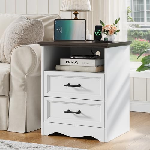 Image of Bedroom Set, 3 Pieces Bedroom Furniture Set, Wood 7 Drawer Dresser and Nightstands with Charging Station, Farmhouse Storage Organizer Cabinet for Bedroom, White