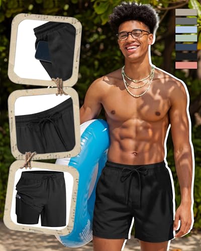 Image of August Alley Men's Linen Shorts with Liner Summer 5 Inch Casual Elastic Waist Drawstring 2 in 1 Beach Shorts with Pockets