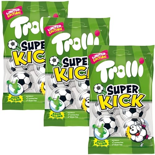 Trolli Super Kick 3x75g Packung, limitierte Edition, Gummibärchen gefüllt mit saurer Apfel-Füllung, perfekt zum Mitfiebern zur Fußball-Saison, für die Schultüte & den Schulanfang, lactose- & glutenfei 1