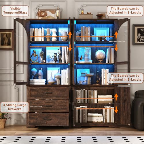 Image of 75 inch Tall Farmhouse Kitchen Pantry Cabinet with LED Lights,4 Doors Wood Storage Cabinet w Arched Glass Doors /Drawers,Pantry Organizers and Storage,Rustic Wood Cupboard for Kitchen,Dining Room(Brown)