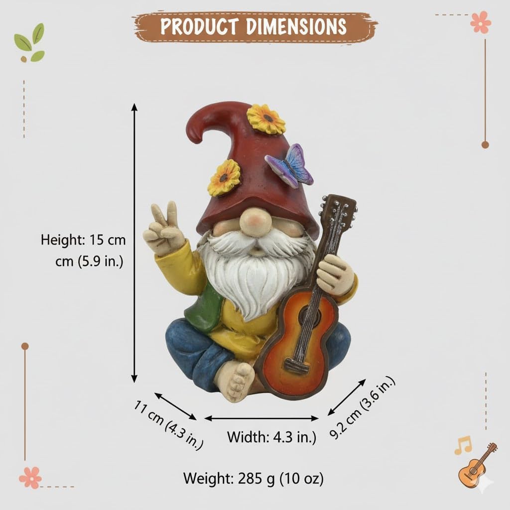 Peace Sign Garden Gnome Figurine Outdoor Statue, Funny Guitar Playing Dwarf Rock Music Decor - 6‘’ Resin Lawn Ornament, Unique Housewarming Gift for Music Lovers & Gardeners (Red) - Image 6