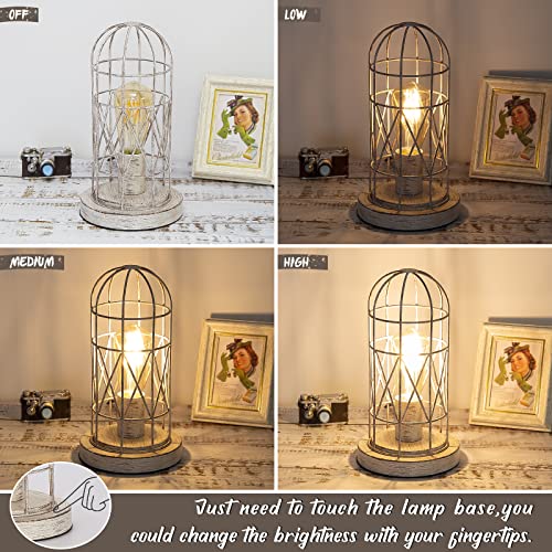 Small Table Lamp, Touch Control Table Lamp With Brushed White Oak Cage, Farmhouse Bedside Lamp 3 Way Dimmable Nightstand Lamp Edison Lamp For Bedroom, Living Room, Hallway, Kitchen, Led Bulb Included #TOP1