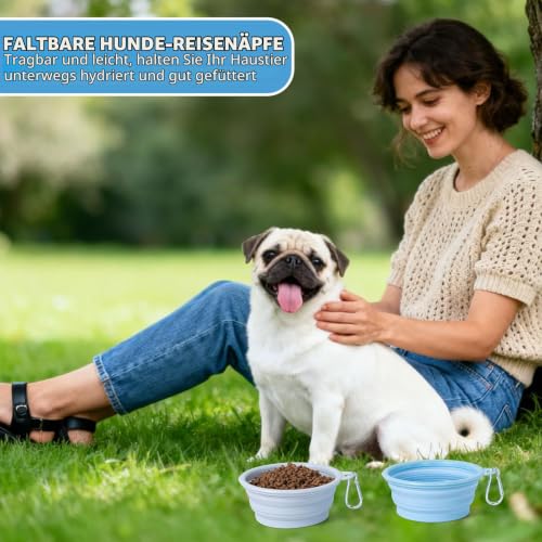 Faltbare Reisenäpfe,Silikon Wassernapf für Hunde,2 Stück Makronenfarben Tragbarer Hund Futternapf,Hunde Reise Wanderungen and Camping (Blau + Grau, 350ml)