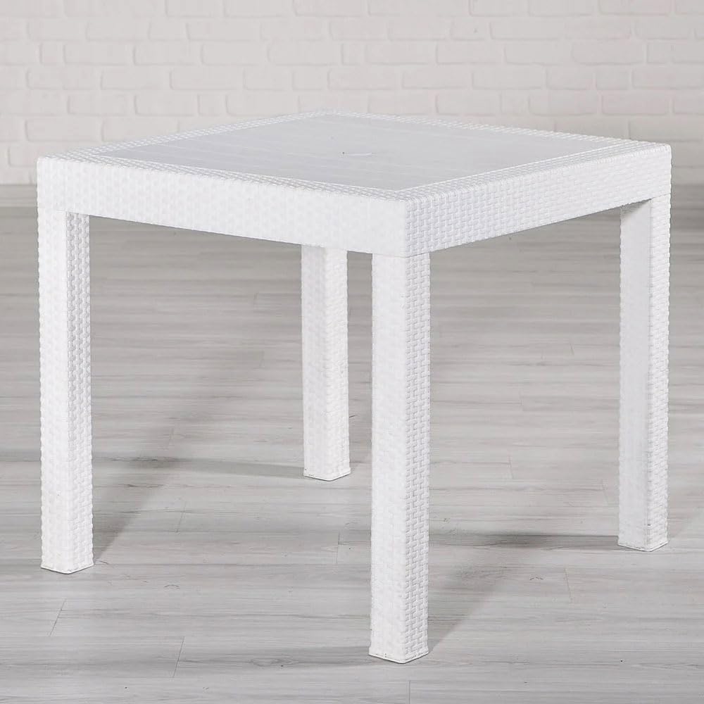 Kastamonu Plastik Mesa Cuadrada Plástico, Imitación Ratán, 90x90 cm, Mesa Exterior, Jardín (Blanco)