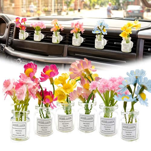 Image of CusDusk 6 Pack Flowers Car Vent Clips, Cute Daisy Plants Vase Air Conditioning Outlet Clip with Fragrance Pads, Charm Scent Perfume Automotive Interior Decorations for Women (6 PCS)