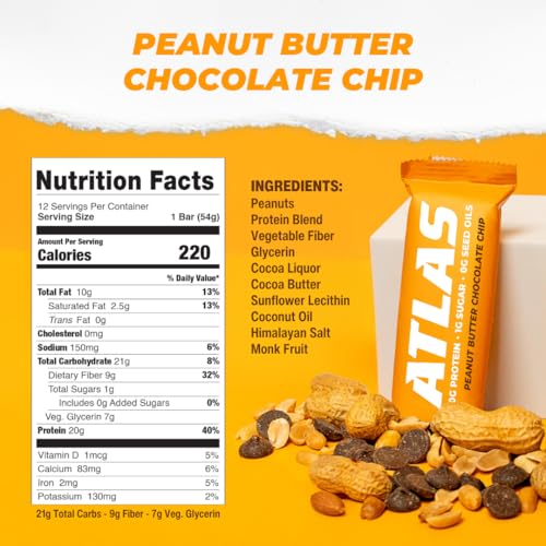 Image of Atlas Real Food Protein Bar - 20g Protein, 9g Fiber, 1g Sugar, No Seed Oils, No Artificial Sweeteners (Peanut Butter Chocolate Chip, 60 Count)