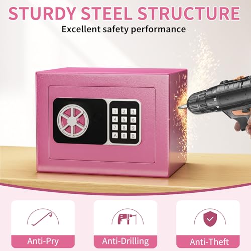 KABISAFE Digitaler Safe 6,8 l, kleiner Tresor für Zuhause, elektronische Sicherheitskassette, Wandtresor fürs Homeoffice mit 2 Schlüsseln, Mini-Safe 23 x 17 x 17 cm, rosa