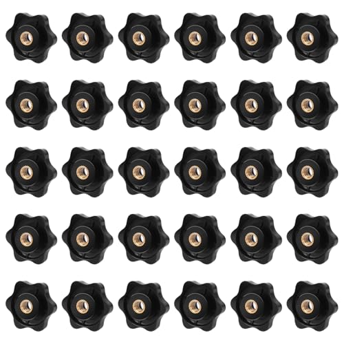 Mozeat Lens 30 Pack 1/4-20 Knob 6 Star Knobs 1/4 Inch 20 Threaded Female Hexagon Head Jig Clamping Knobs T Track Bolts Thru Knob, Black