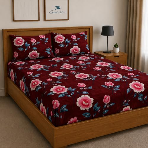 Image of Warm Flannel (Flano) King Size 345 TC Winter Fitted Bedsheet | All Side Elastic Premium Winter Soft Velvet Furnishing Bed Sheet with 2 Big Pillow Cover Size - 72 x 78 X 8 Inches Maroon