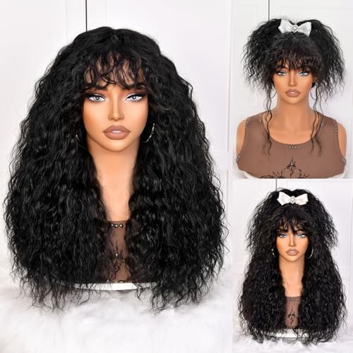 SOFUN Black Curly Wig With Bangs for Black Women Long Curly Human Hair Black Glueless Wig for Daily,Realistic Look with True Scalp