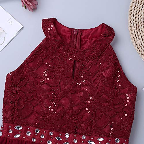 Yeahdor Big Girls' Floral Lace High Neck Rhinestone Waist Maxi Romper Flower Girl Dress Kids Lyrical Latin Dance Costumes Burgundy 12-14 #TOP3