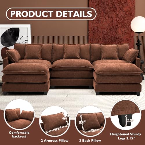 Image of Ihanherry 111.4 inch U Shaped Modern Sofa Modular Sectional Luxurious and Comfortable with 2 Ottoman, 5-Seat Chenille Deep Seat Sofa with Pillow for Living Room, Bedroom and Apartment, Brick Red