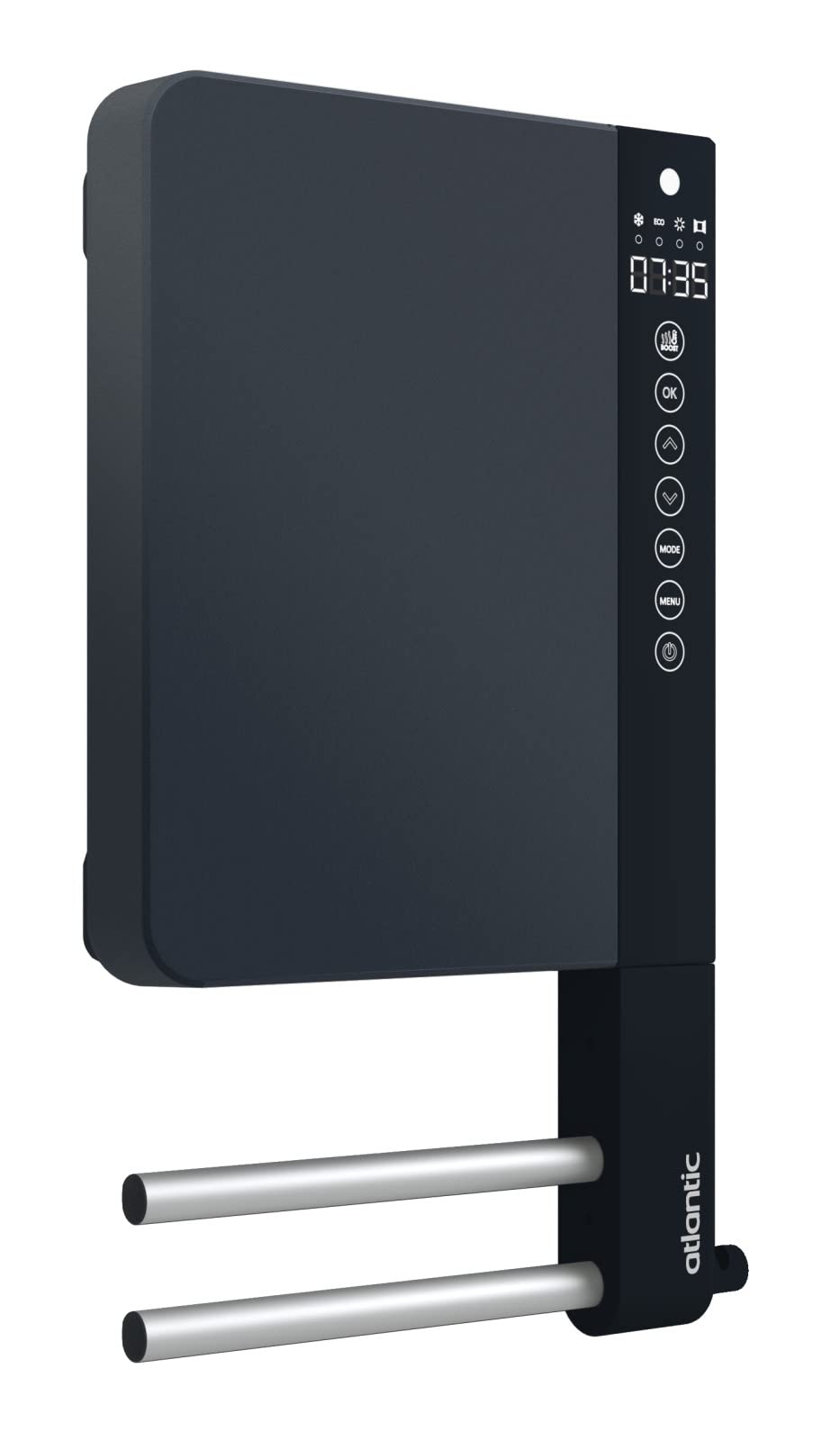 Atlantic, Sèche-serviettes soufflant noir 2 barres 1800W (800W+1000W) TELIA, un format mini pour un maximum de fonctionnalités, Boitier de commande à hauteur et touches tactiles