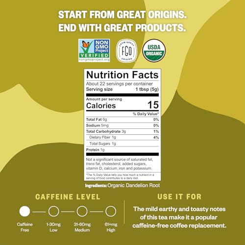 Image of FGO Organic Dandelion Root, Cut and Sifted Loose Tea, 4 Ounce Resealable Bag, Packaging May Vary (Pack of 1)