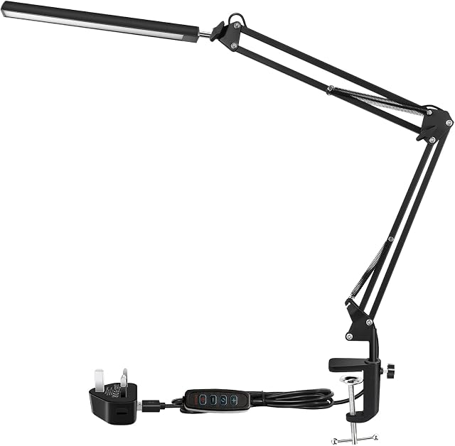 LONGTOO LED Desk lamp, Swing Arm Desk Lamp with Clamp, Eye-Caring Office Table Lamps, 3 Colour Modes 10 Brightness, Adjustable Angle USB Clip-on Table Lamp, Daylight Lamp for Home,Office, Black