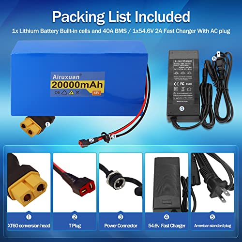 Image of 48V Battery 20Ah Electric Bike Battery with 2A Charger, T-Plug, XT60 Connector and BMS for 250-1000W Electric Bicycles Motor /Ebike Kit