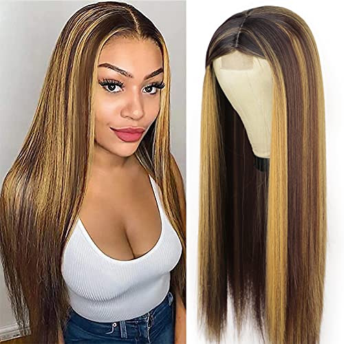Vigorous Straight Highlights Wigs for Women Synthetic Long Highlight Lace Wigs Natural Looking Straight Wigs Middle Part