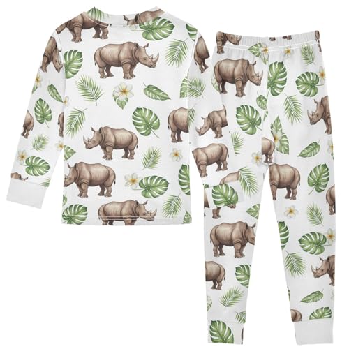 Pajama Sets Long Sleeve Rhino Leaves Flowers Pattern Soft Comfy Sleepwear 2 Piece PJS 3-8T3