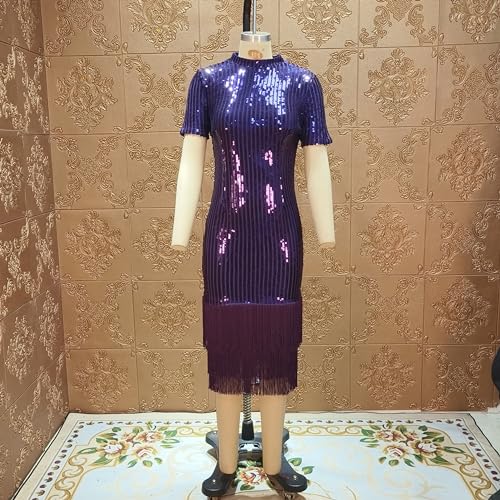 Image of Cololura Sexy Elegant Women Sequin Tassel Short Sleeve Bodycon Midi Dress Party Evening Gown Formal Dress