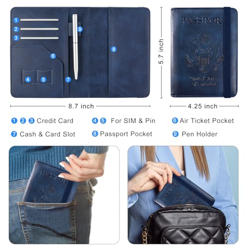 ACdream RFID BLOCKING Passport Holder Travel Wallet, Premium PU Leather Cover Passport Book with Card Holder, Pen Holder, Keep Organization, and Travel Essentials for Women and Men, Blue - Thumbnail 4