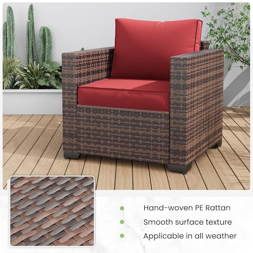 Image of Amopatio Wicker Outdoor Sofa Single Armrest Chair 2 Pack, High Back Waterproof Patio Furniture with Non-Slip Cushions, Outdoor Furniture Cover, Burgundy