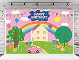 7X5ft 7X5ft Cartoon Happy Birthday Party Banner Backdrops Rainbow Cartoon House GreenTrees Plants Gi