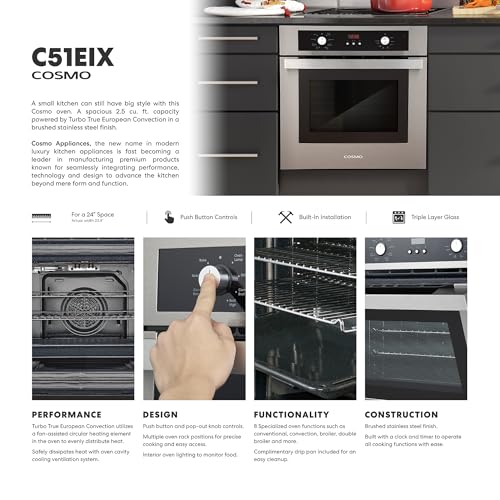 COSMO C51EIX 24 in. Lumin Collection 2.5 cu. ft. Electric Wall Oven, 8 Functions & Turbo True European Convection in Stainless Steel
