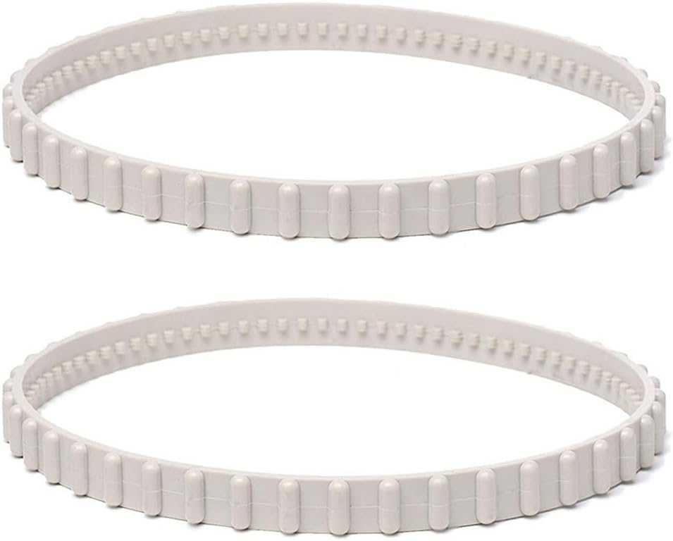 Two light gray DAZZLEEX RCX23002 pool cleaner drive belts, circular in shape, shown side-by-side.