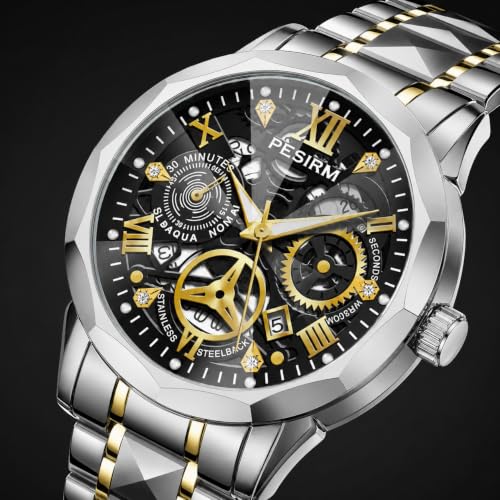 Image of Watch for men,Men's skeletonized quartz watch with black and gold two-tone stainless steel case, analog display, date display, water-resistant, luminous display, men's waterproof quartz watch. (Black dial and silver strap)