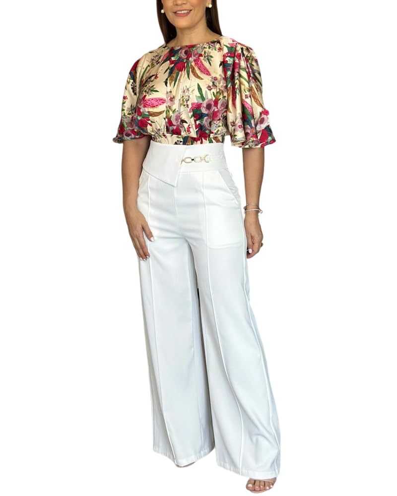 CHICME Womens Summer 2 Piece Outfit Bell Sleeves Floral Blouse with High Waist Pants Set Party Outfits