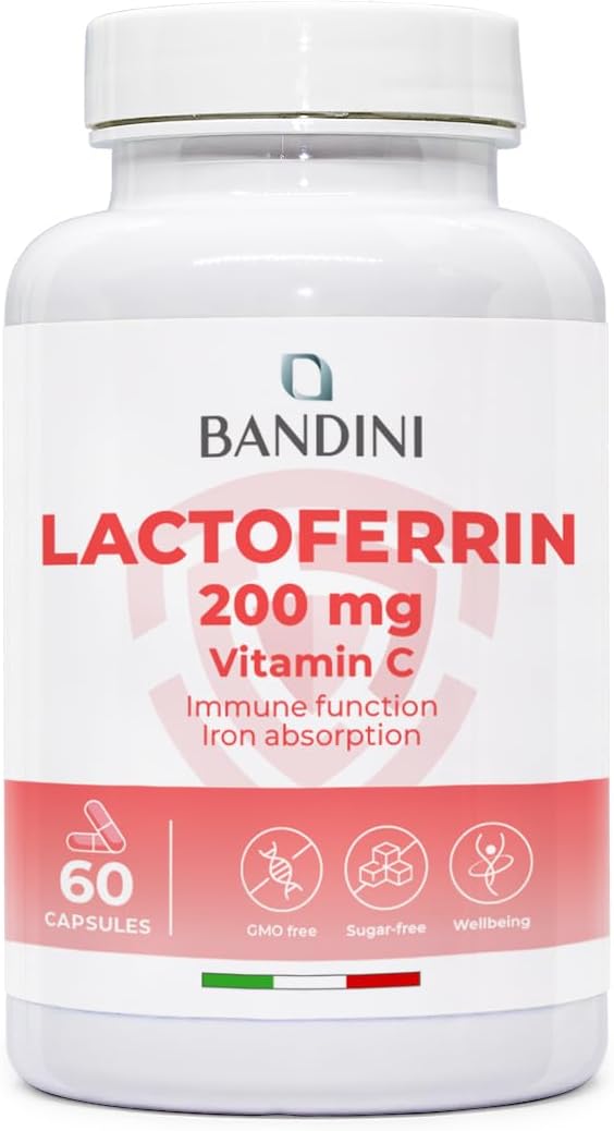 Bandiniยฎ Lactoferrin 60 Capsules - 200mg Lactoferrine + 60mg Vitamin C per Daily dose (1 Capsule) - Improves Iron Absorption & Immune System Function - A Component in Colostrum - Vegetarian, GMO-Free