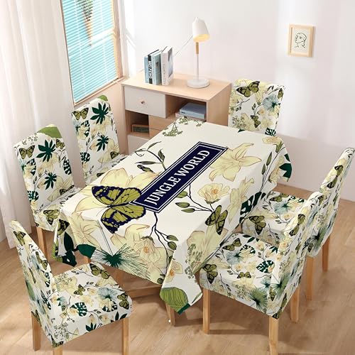 Image of Styleys Dining Table Cover 6 Seater Waterproof with Chair Covers | Table Cover Cloth | Dining Table Cover Clothe Combo - 1 Table Cover + 6 Chair Cover, Jungle World, XKFSZB-1