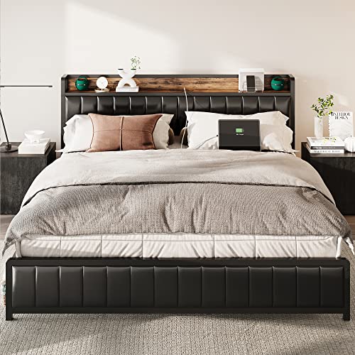 ANCTOR King Bed Frame with Storage Headboard and Footboard, Upholstered Platform Bed with USB Ports and Outlets, Strong Steel Slats Support Mattress Foundation, No Box Spring Needed