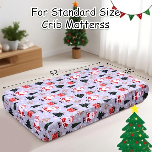 Image of Christmas Crib Sheet, Baby Fitted Crib Sheet with Santa Claus, Christmas Trees, Gifts, Measuring 52 inch x 28 inch to fit Standard Crib and Toddler Mattresses, Grey
