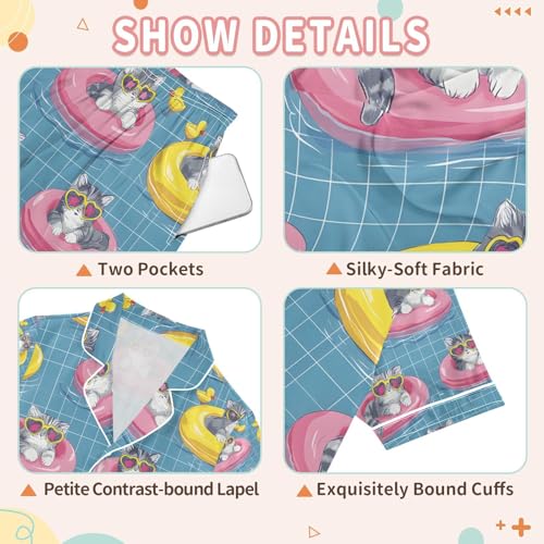 senya Cat Swimming Ring Satin Summer Pajama Sets Silk Short Sleeve Button Down Sleepwear3