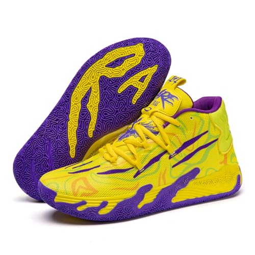 Men's Light Blue High-Top Basketball Shoes with Floral Patterns – Breathable Mesh, Non-Slip Cushioned Sole | Lightweight Gym & Outdoor Sneakers ﻿(Yellow -Purple,8.5)