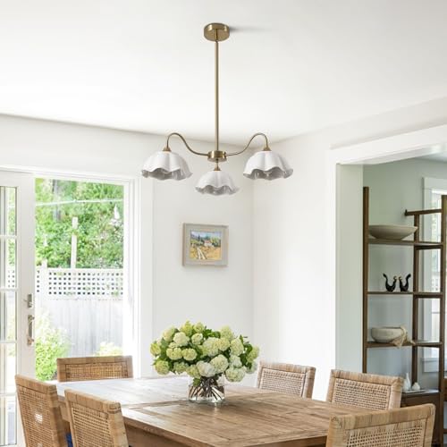 Image of Semi Flush Mount Chandelier Mid Century Modern Sputnik Chandelier with White Ceramic Shade 3-Light Gold Brass Chandelier Living Room Ceramic Ceiling Light