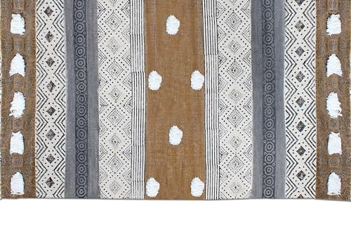 Tapis carrés style bohème en coton rayé noir et marron lavable - 6