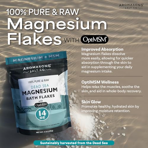 Aromasong RAW Magnesium Flakes + OptiMSM for Soaking 14 Oz. Resealable Pack - Muscle Relaxing Organic Bath Salts Magnesium Chloride Flakes.
