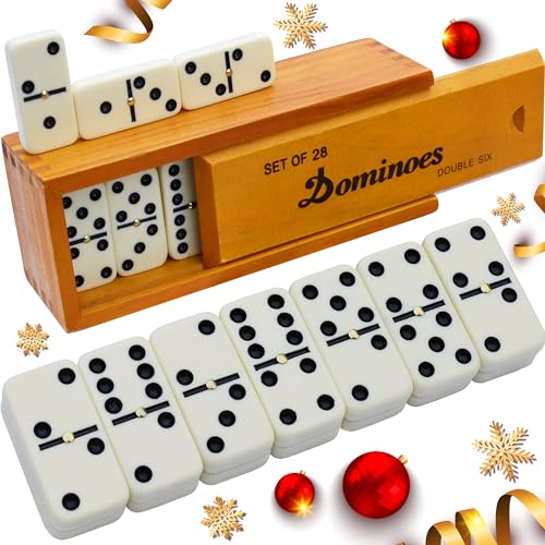 Dominos Set for Adults – Dominoes - Classic Board Games - Christmas Games Juegos de Mesa - Double 6 Dominoes Family Games for Kids and Adults - Double Six Standard Dominos Set 28 Tiles with Wood Case