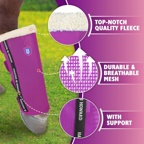 Image of Harrison Howard Loose-Fitting Horse Fly Boots UV-Protective, Breathable, Tear-Resistant Fine Mesh Leggins Stay-on Comfortable Fly Boots with Ultra-Soft Wool Trim (Set of 4) Purple Cob (Medium)