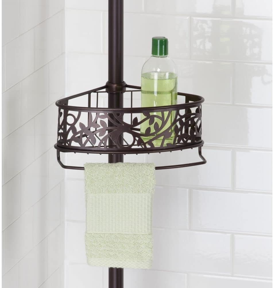 mDesign Bathroom Shower Storage Constant Tension Corner Pole Caddy - Adjustable Height, 4 Positionable Baskets - for Organizing and Containing Hand Soap, Body Wash, Wash Cloths, Razors - Bronze