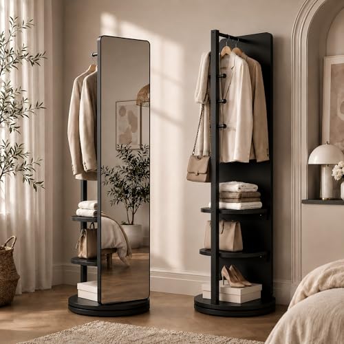 KIRROUS Full Length Mirror with Coat Rack & Storage 360 Rotating Solid Wood Standing Floor Mirror with Shelves for Bedroom Entryway Dressing Room (Black 66 x 18)