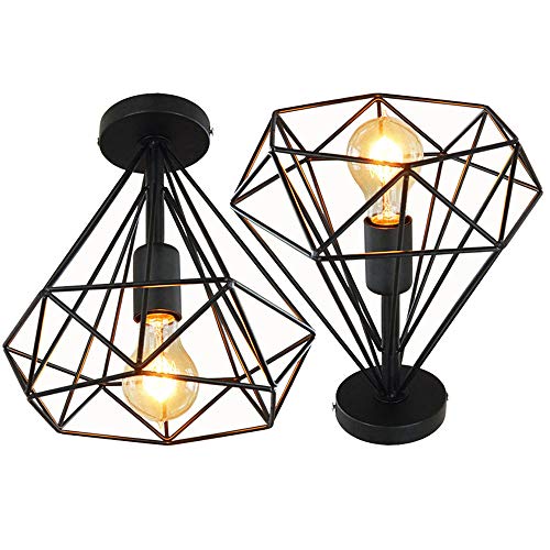 2 pcs Lámpara de techo Retro Colgante Iluminación Industrial Moderna Vintage Luz Hierro Sin Cubierta de Tela Decorativa Salon Comedor Pasillo Restaurante Cafe (Negro-2 Piezas)